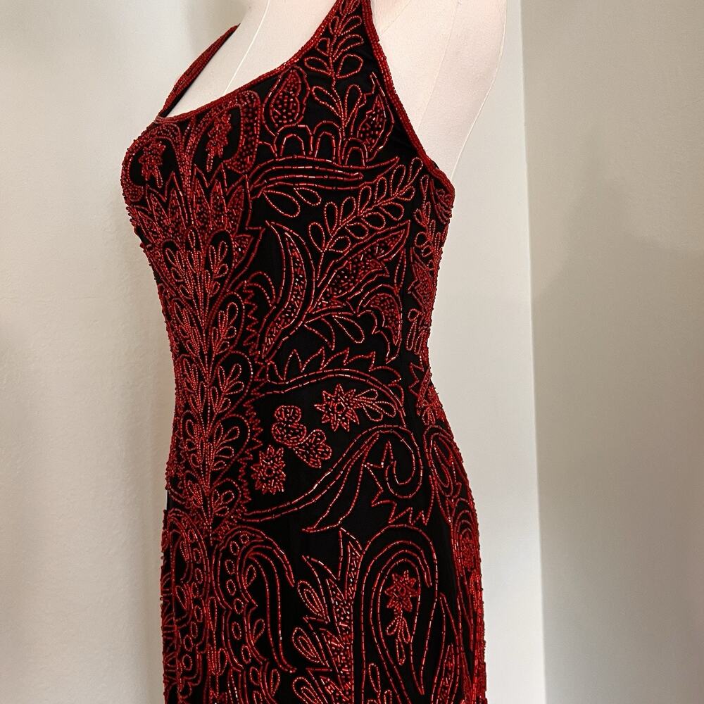 XS Cache Silk Black Red Beaded Dress Vamp Y2K Dramatic Goth Witchy Glam Luxe 90s - Picture 8 of 13
